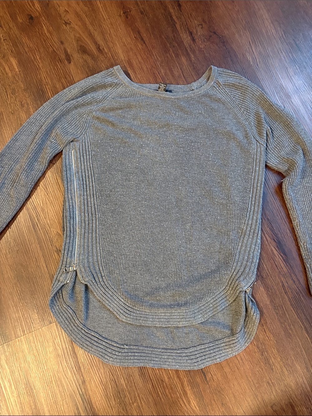 INC International Concepts Gray Ribbed Crewneck Sweater with Side Zippers.